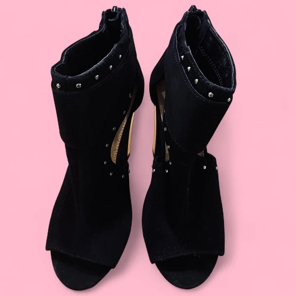 Report Lacey Casual Peep Toe Black Faux Suede Block Heel Platform Shoes 6